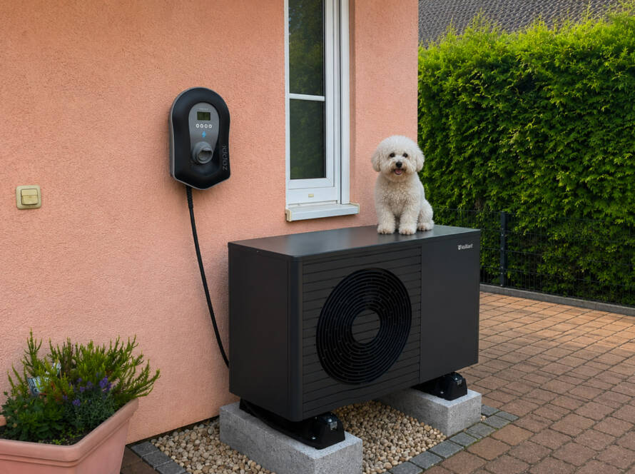 Ein Hund sitzt auf einer Wärmepumpe.